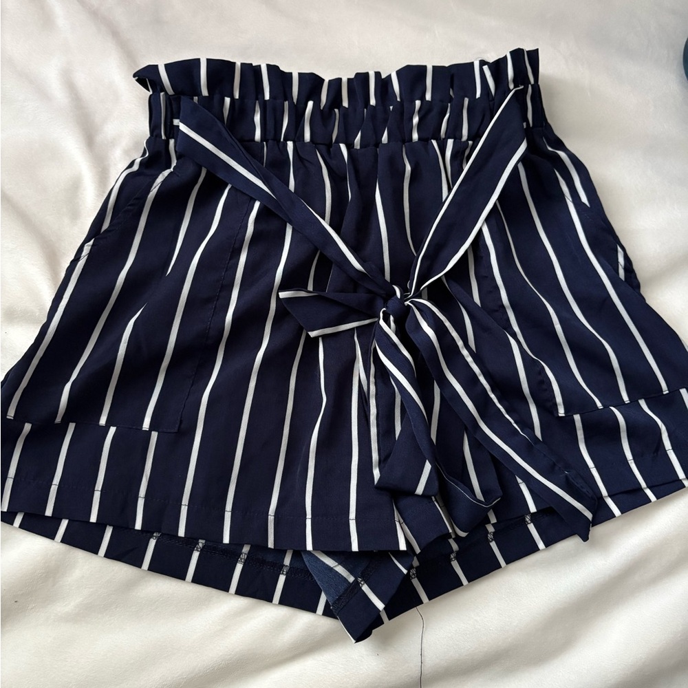 MAC Cosmetics Navy and White Striped High Waist Shorts